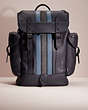 COACH®,RESTORED HITCH BACKPACK WITH VARSITY STRIPE,Polished Pebble Leather,Large,Black Copper/Midnight Navy Multi,Front View