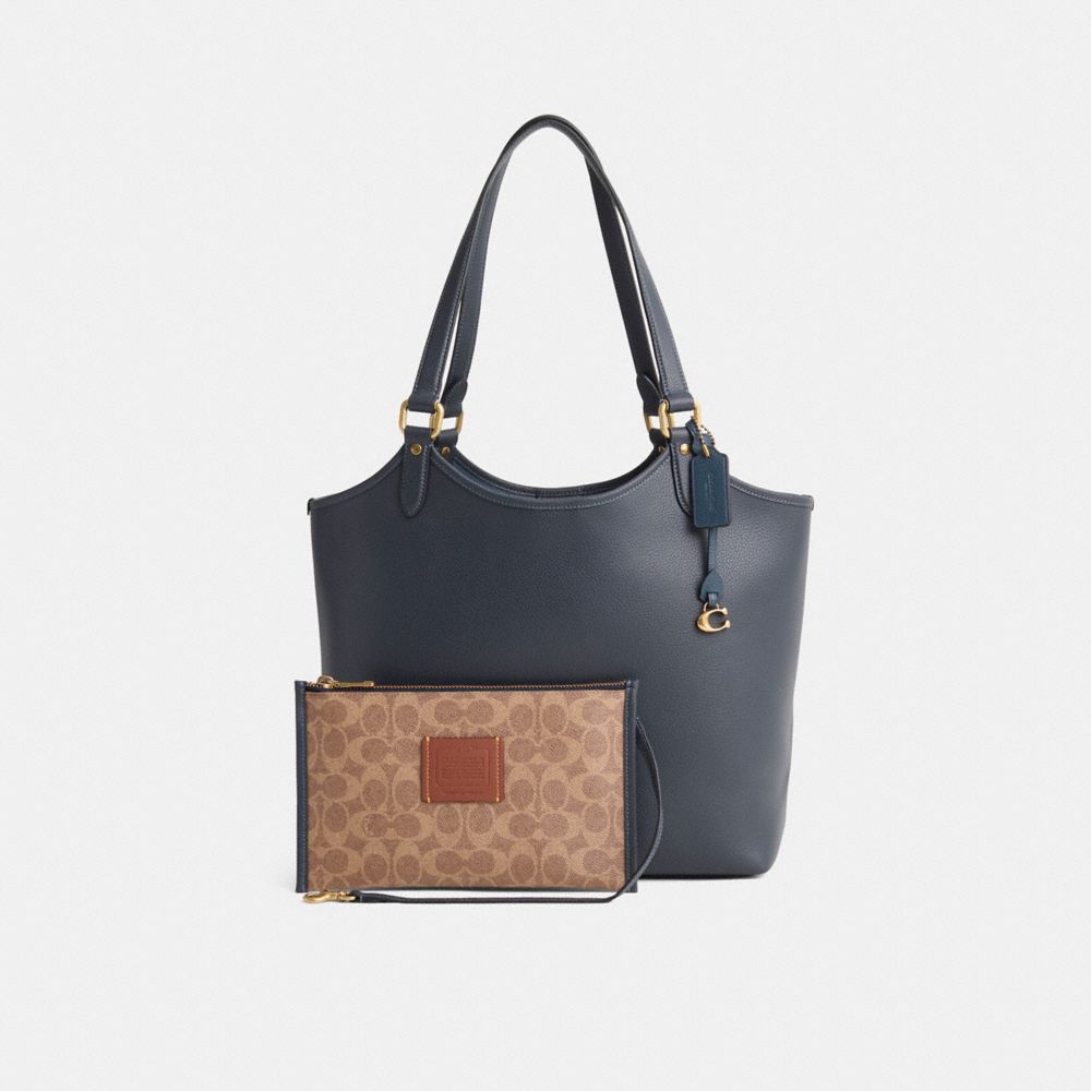 COACH®,Restored Day Tote,Leather,Canvas,Tote,Pouch,Metal,Logo,Work,Navy,Angle View