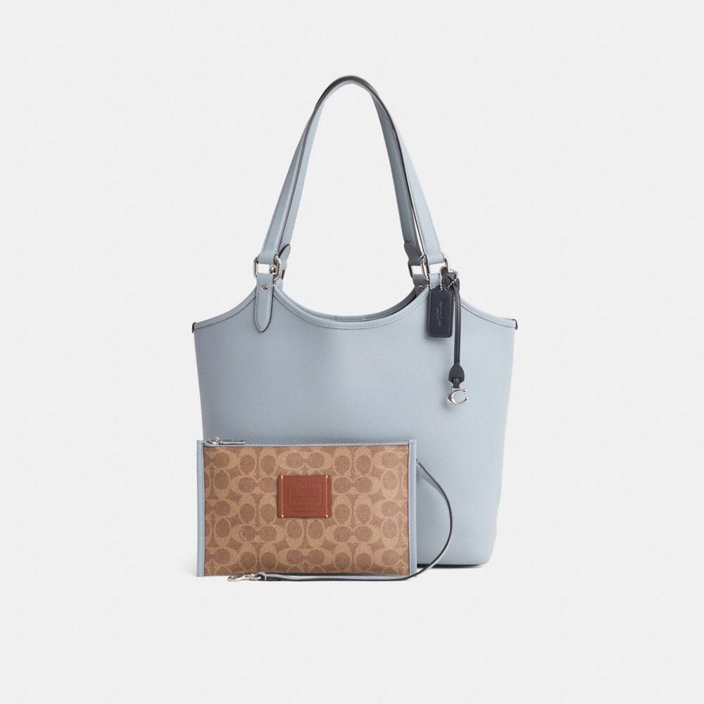 COACH®,Restored Day Tote,Leather,Canvas,Tote,Pouch,Metal,Logo,Work,Blue,Angle View
