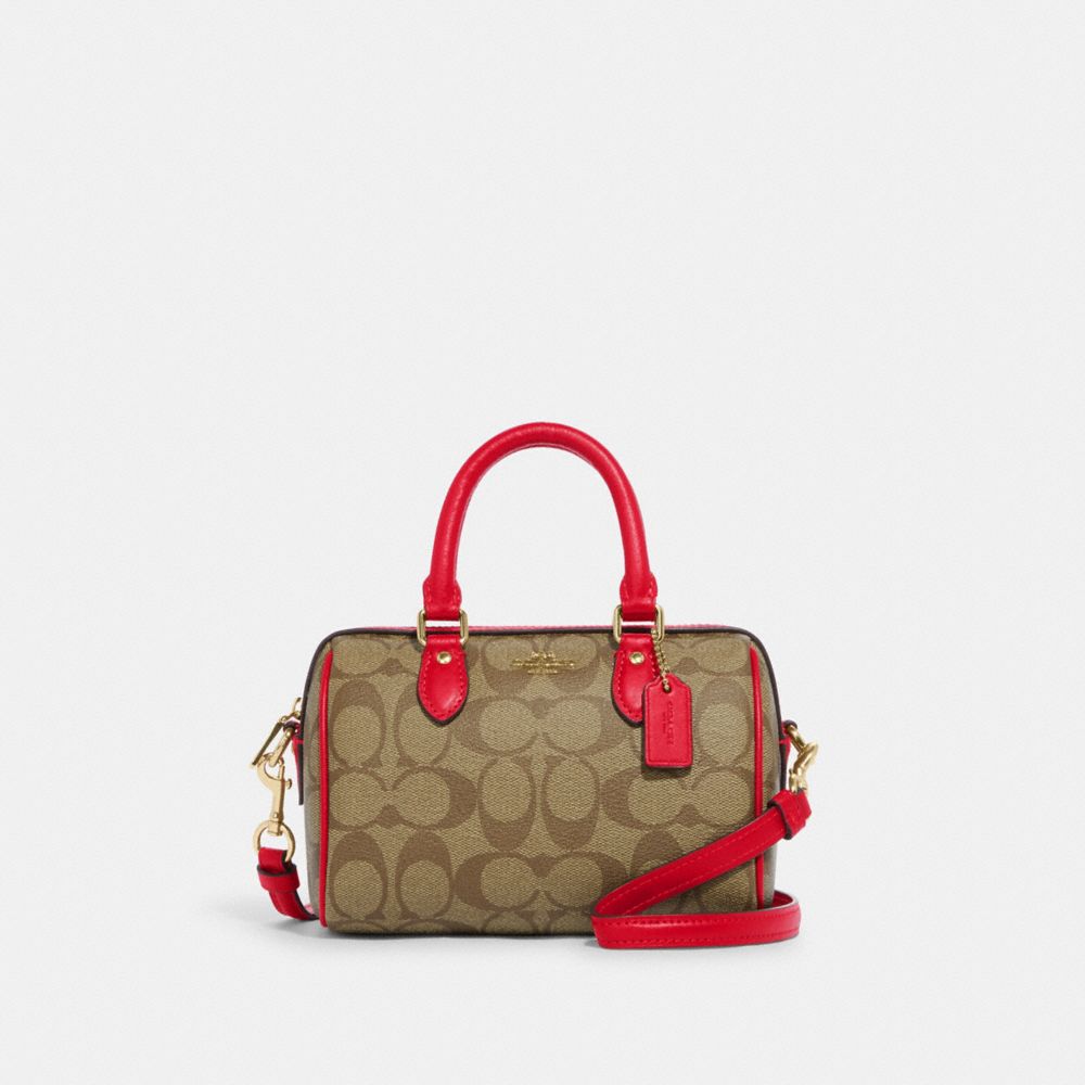 COACH®,MINI ROWAN CROSSBODY IN SIGNATURE CANVAS,Signature Canvas,Small,Anniversary,Im/Khaki/Electric Red,Front View