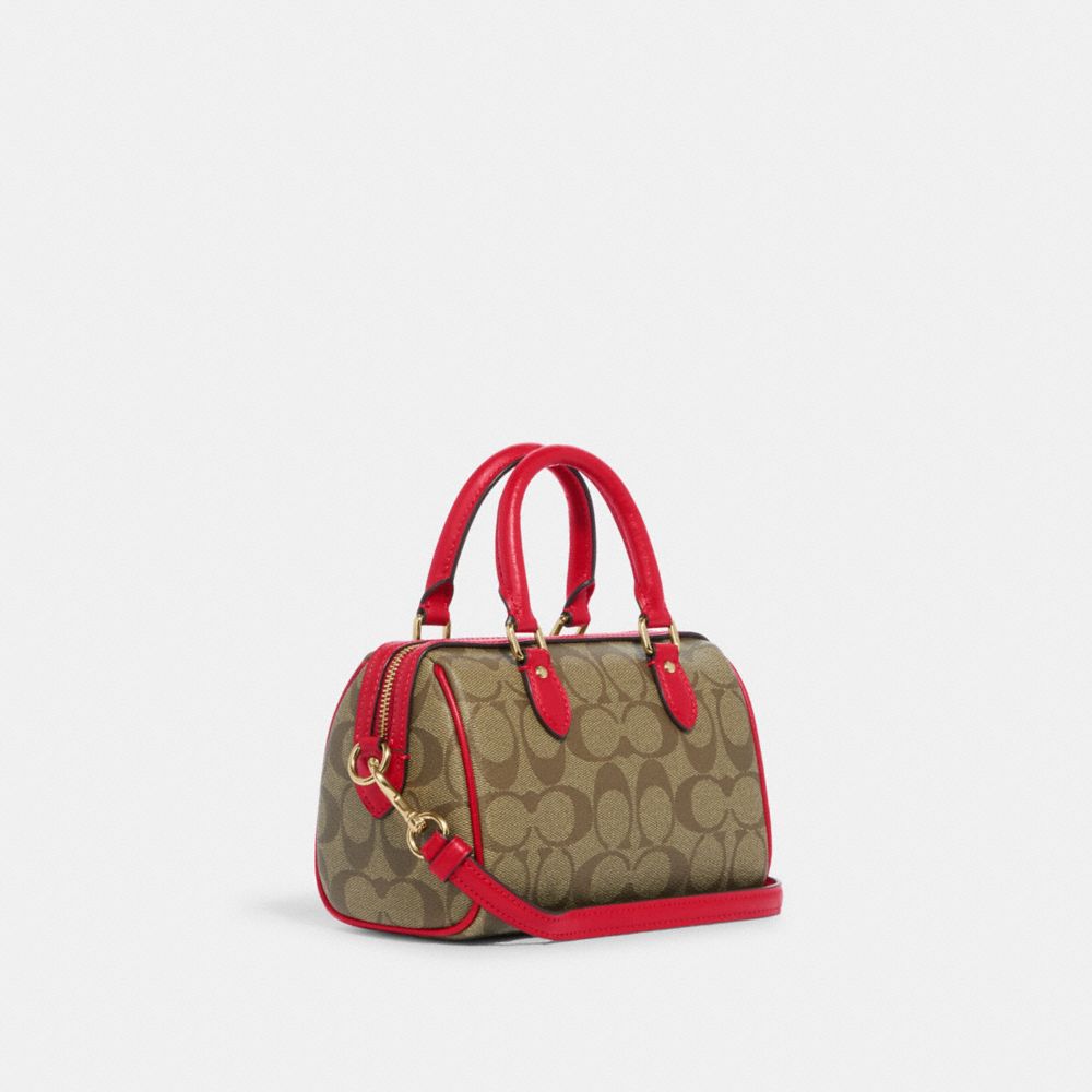 COACH®,MINI ROWAN CROSSBODY IN SIGNATURE CANVAS,Signature Canvas,Small,Anniversary,Im/Khaki/Electric Red,Angle View