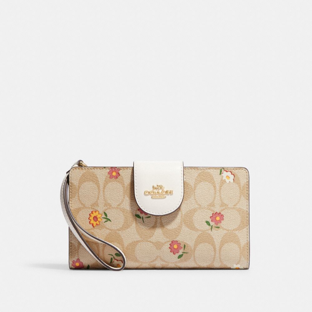 COACH®,PHONE WALLET IN SIGNATURE CANVAS WITH NOSTALGIC DITSY PRINT,Gold/Light Khaki Multi,Front View