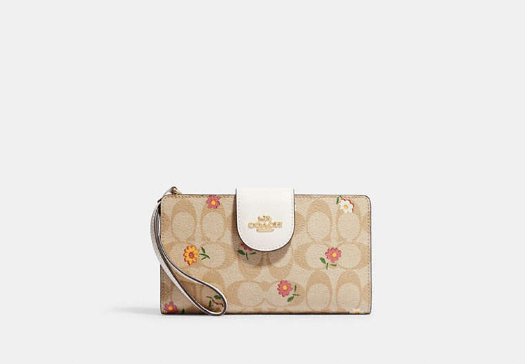 COACH®,PHONE WALLET IN SIGNATURE CANVAS WITH NOSTALGIC DITSY PRINT,Gold/Light Khaki Multi,Front View