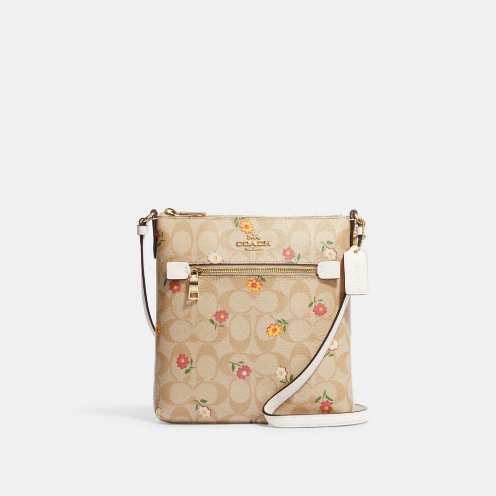 COACH®,MINI SAC DE CLASSEMENT ROWAN EN TOILE SIGNATURE À IMPRIMÉ DITSY NOSTALGIQUE,Or/Kaki pâle Multi,Front View