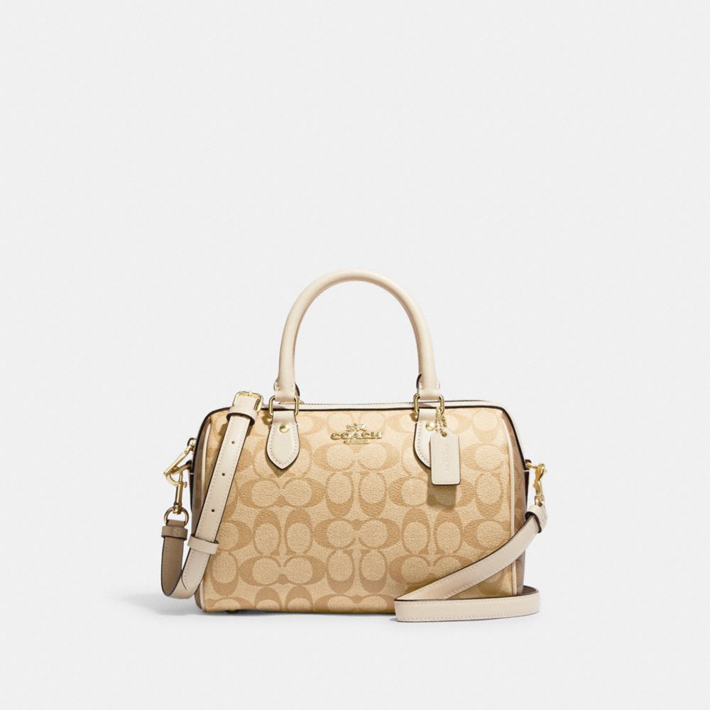 COACH®,ROWAN SATCHEL BAG IN BLOCKED SIGNATURE CANVAS,Medium,Gold/Light Khaki Multi,Front View