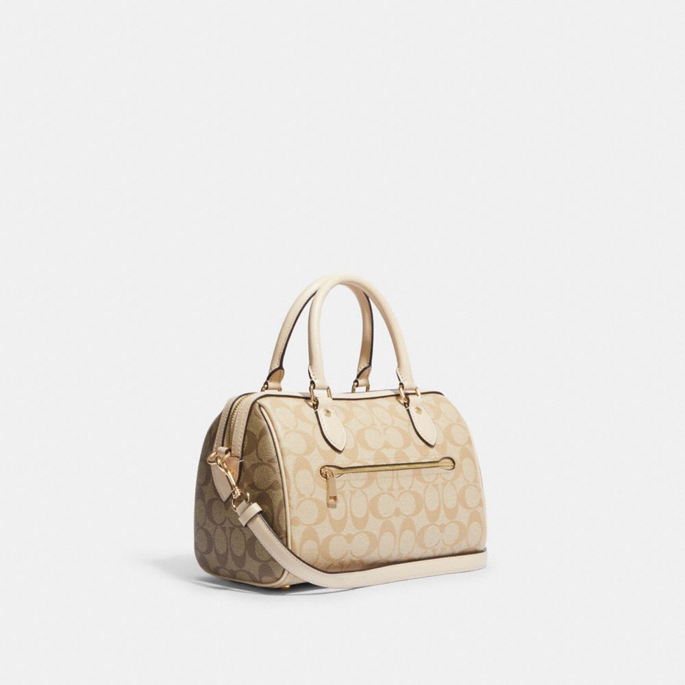 COACH®,ROWAN SATCHEL BAG IN BLOCKED SIGNATURE CANVAS,Medium,Gold/Light Khaki Multi,Angle View