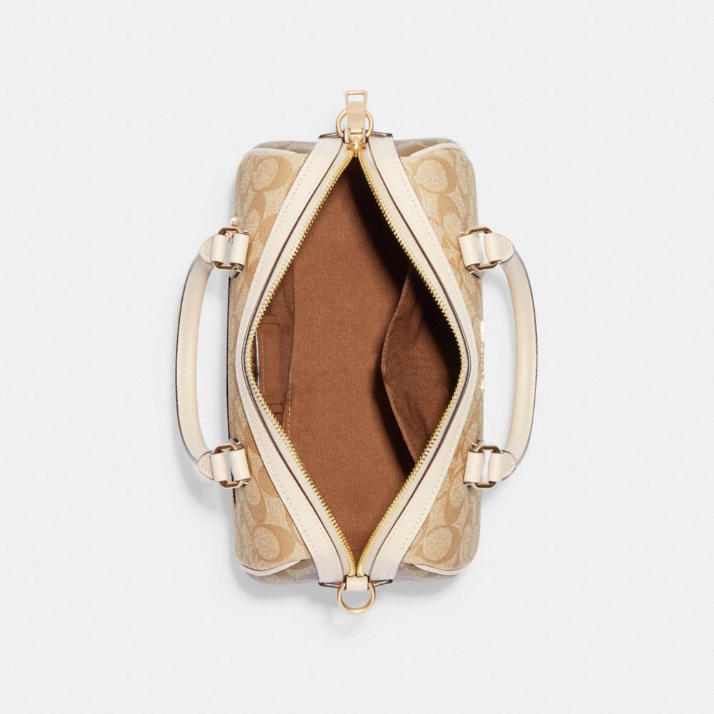 COACH®,Rowan Satchel Bag In Blocked Signature Canvas,Canvas,Leather,Satchel,Logo,Piping,Color Block,Gold Metal,Casual,Beige,Inside View,Top View