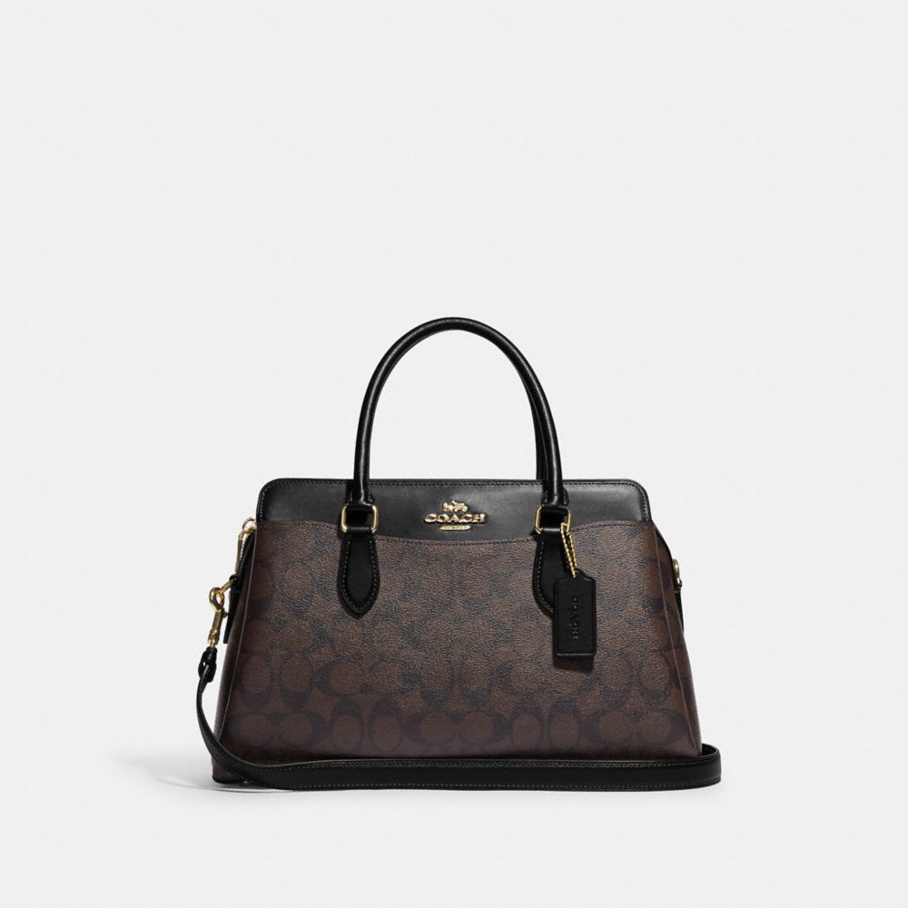 COACH®,DARCIE CARRYALL BAG IN SIGNATURE CANVAS,Signature Canvas,Medium,Anniversary,Gold/Brown Black,Front View image number 0
