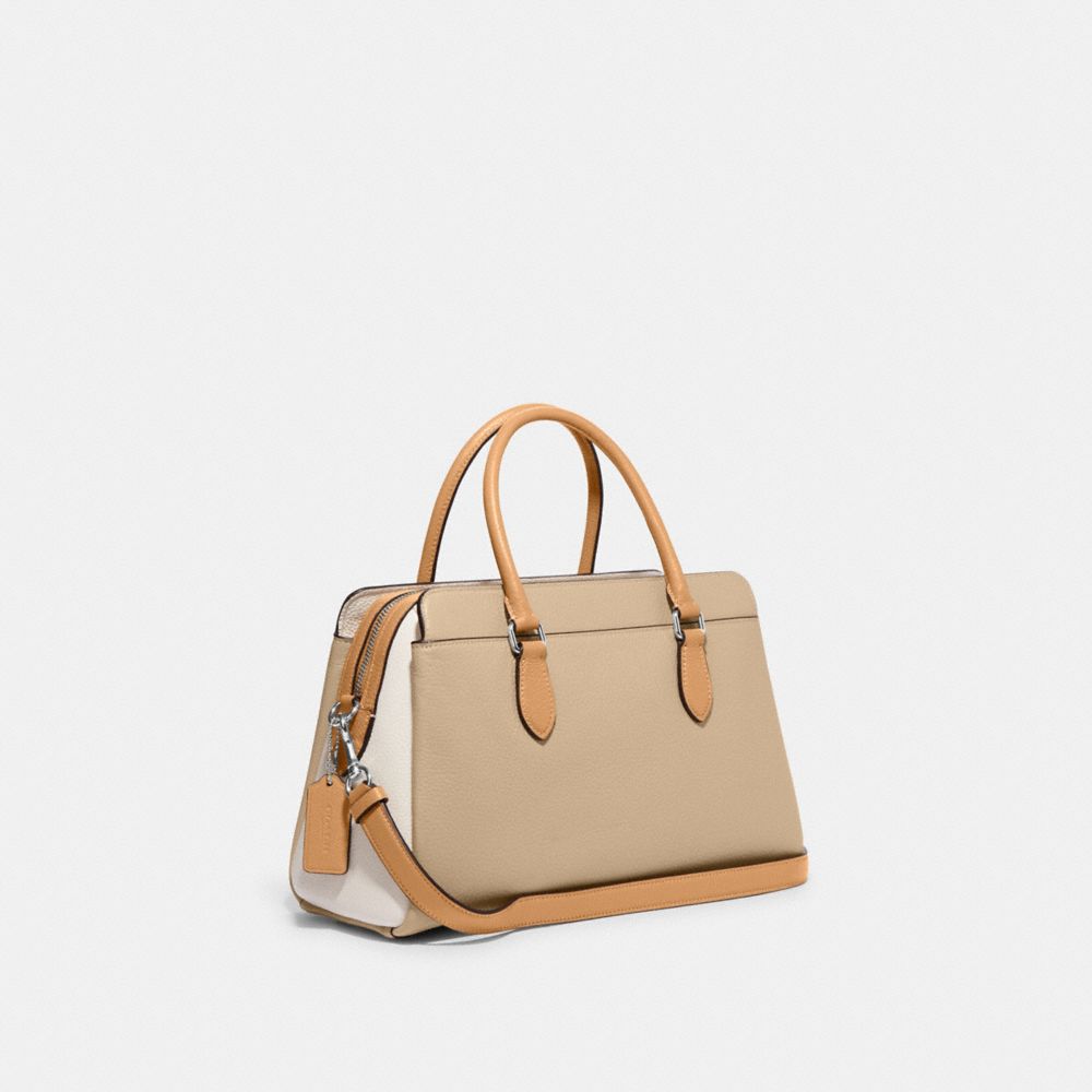 COACH®,DARCIE CARRYALL BAG IN COLORBLOCK,Novelty Leather,Medium,Silver/Sandy Beige Multi,Angle View