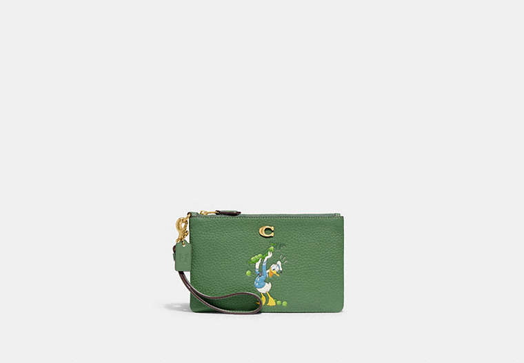 COACH®,DISNEY X COACH SMALL WRISTLET IN REGENERATIVE LEATHER WITH DONALD DUCK,Smooth Leather,Mini,Brass/Soft Green,Front View