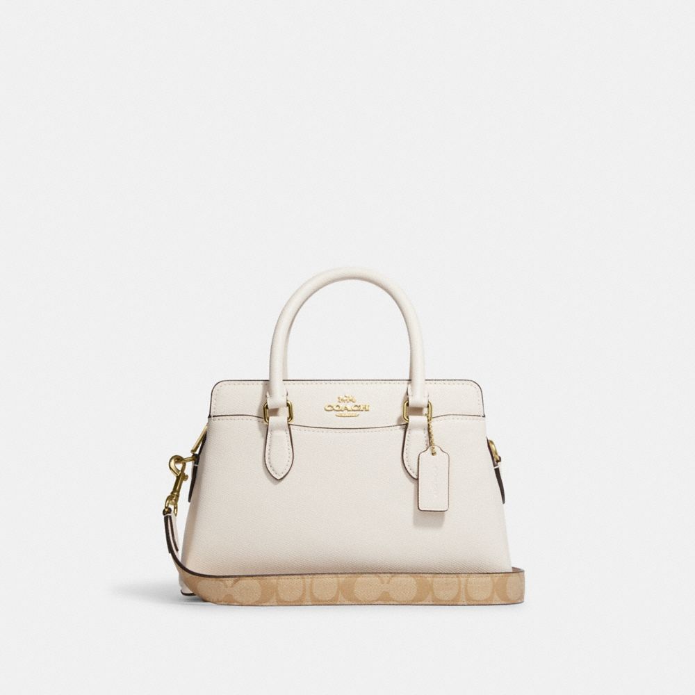 COACH®,MINI DARCIE CARRYALL BAG WITH SIGNATURE CANVAS DETAIL,Crossgrain Leather,Small,Gold/Chalk,Front View