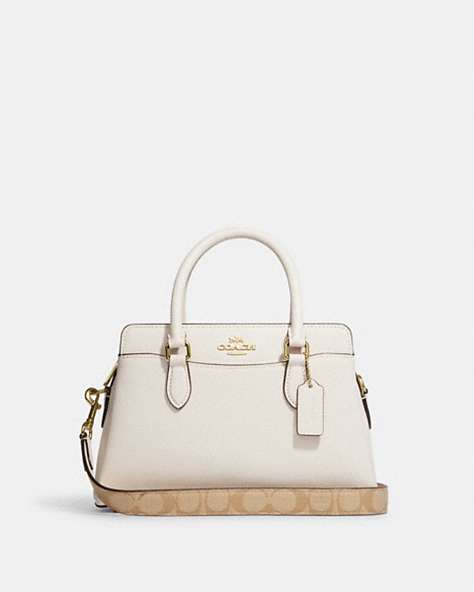 COACH®,MINI DARCIE CARRYALL WITH SIGNATURE CANVAS DETAIL,Gold/Chalk,Front View