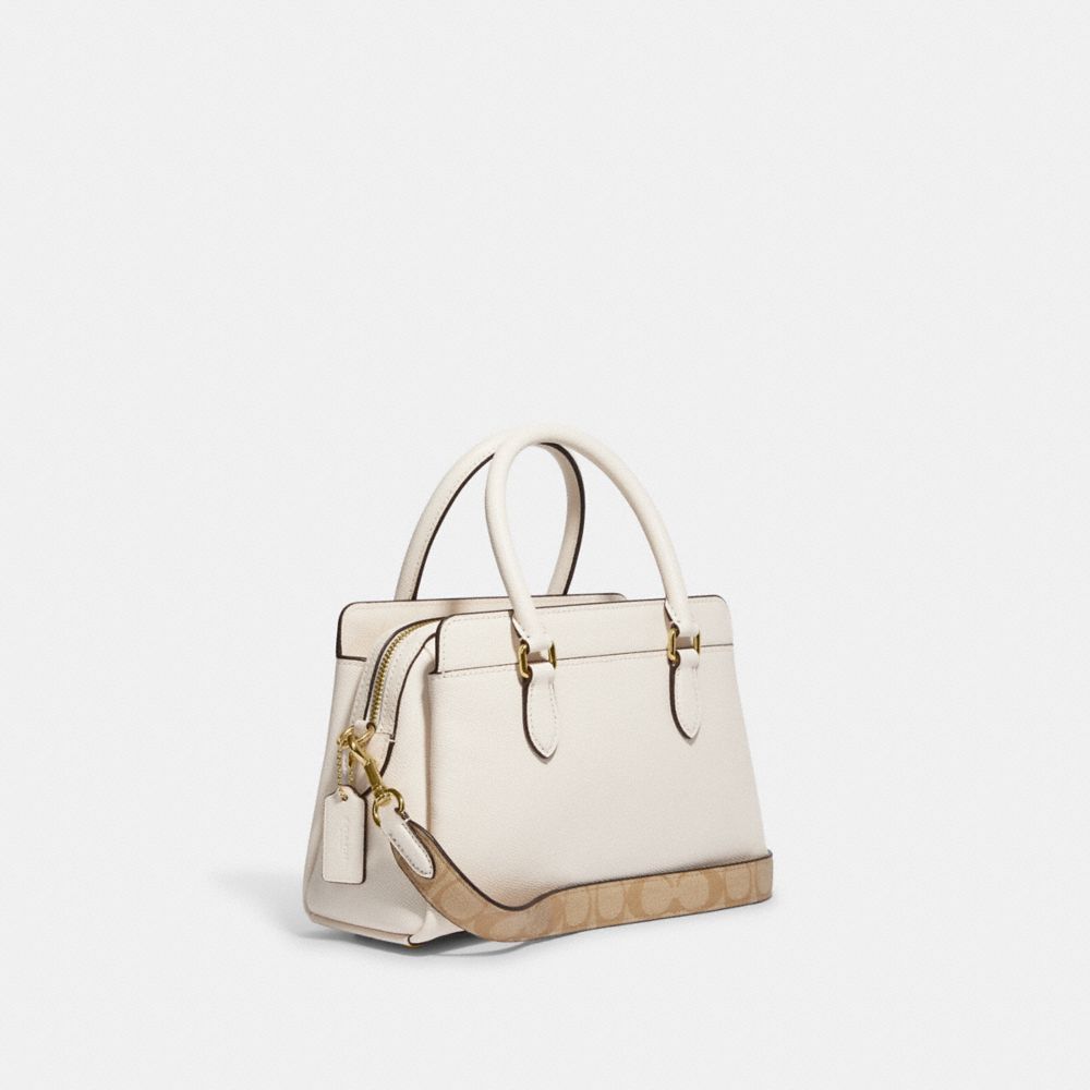 COACH®,MINI DARCIE CARRYALL BAG WITH SIGNATURE CANVAS DETAIL,Crossgrain Leather,Small,Gold/Chalk,Angle View