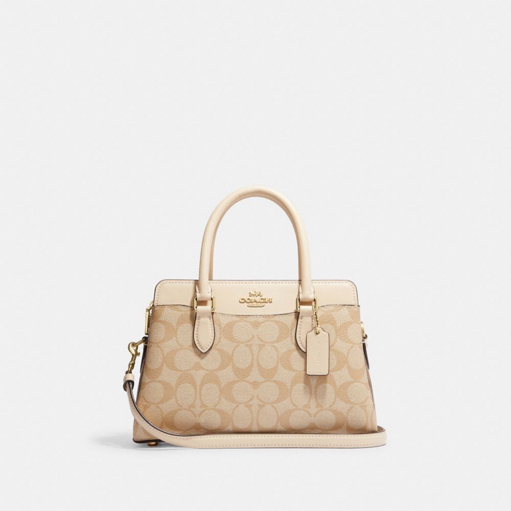 COACH®,MINI DARCIE CARRYALL BAG IN BLOCKED SIGNATURE CANVAS,Small,Gold/Light Khaki Multi,Front View