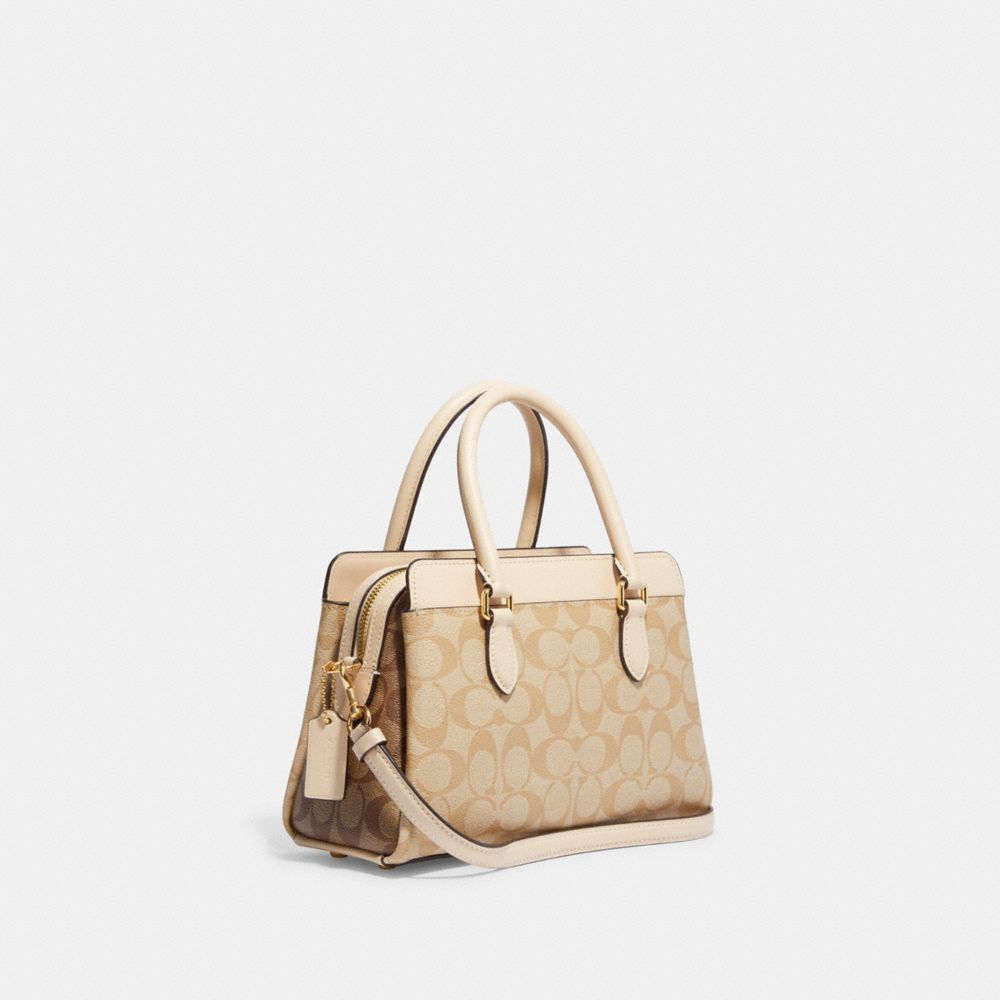 COACH®,MINI DARCIE CARRYALL BAG IN BLOCKED SIGNATURE CANVAS,Small,Gold/Light Khaki Multi,Angle View