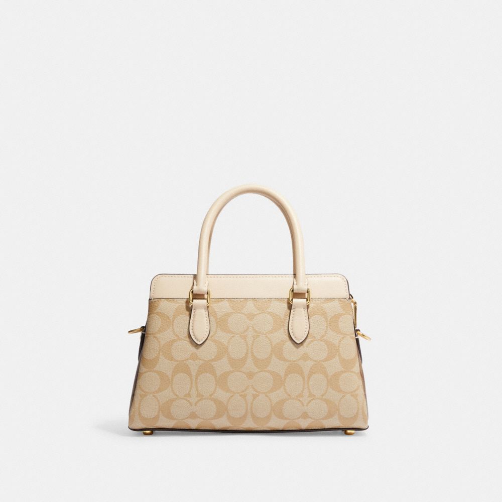 COACH®,MINI DARCIE CARRYALL BAG IN BLOCKED SIGNATURE CANVAS,Small,Gold/Light Khaki Multi,Back View