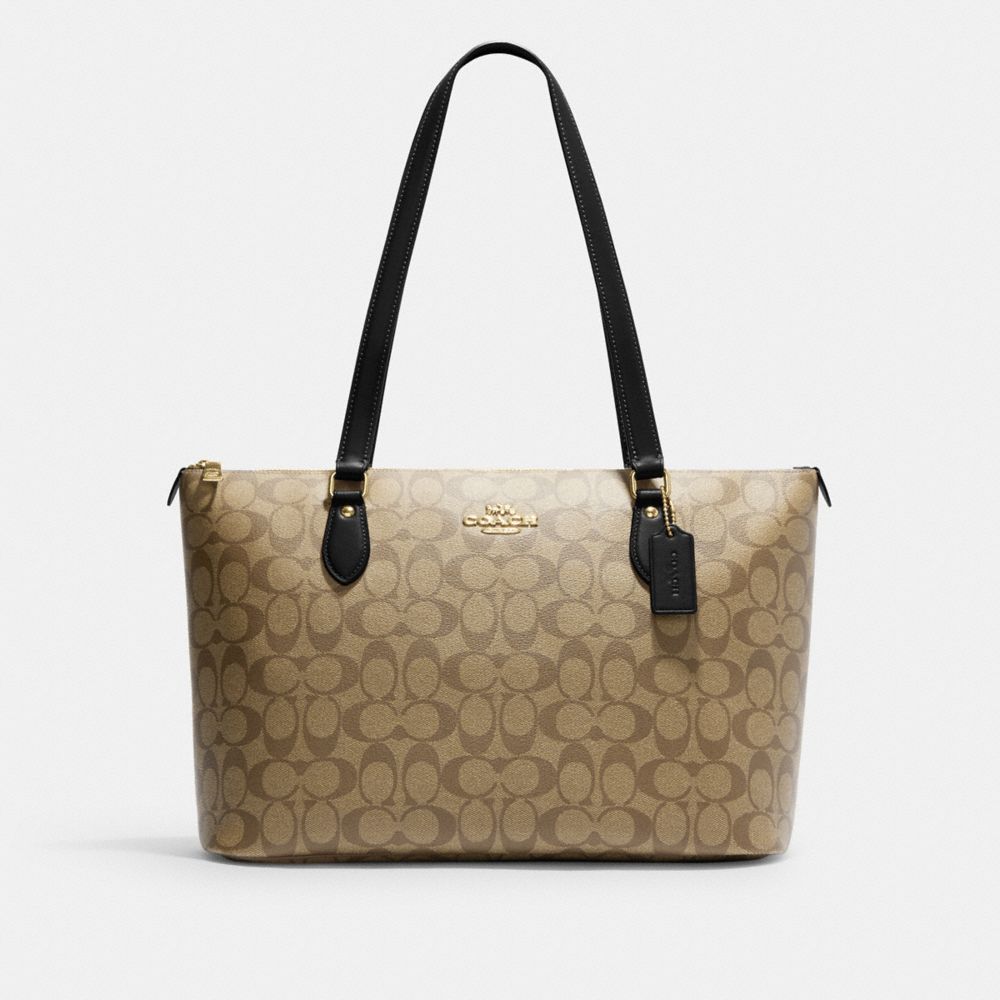COACH®,GALLERY TOTE BAG IN SIGNATURE CANVAS,Signature Canvas,Everyday,Gold/Khaki/Black,Front View