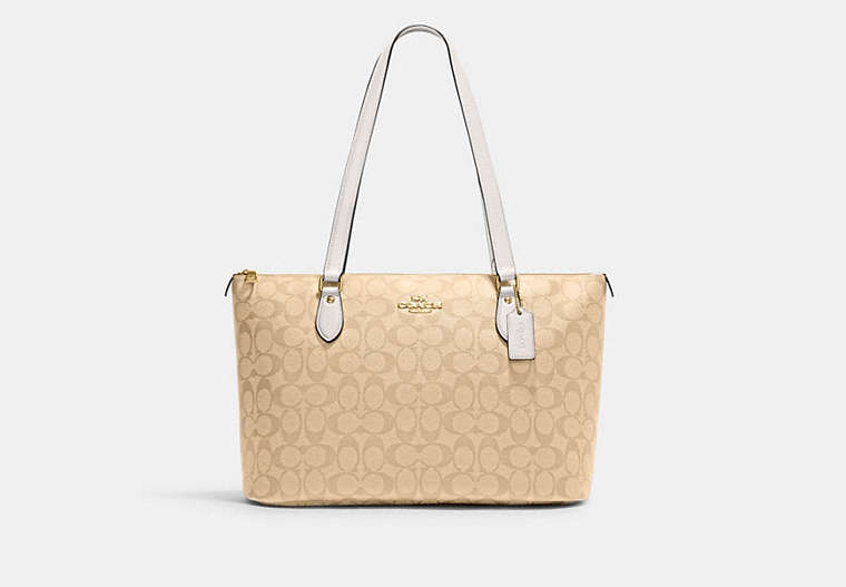 COACH®,GALLERY TOTE IN SIGNATURE CANVAS,pvc,Large,Everyday,Gold/Light Khaki Chalk,Front View image number 0