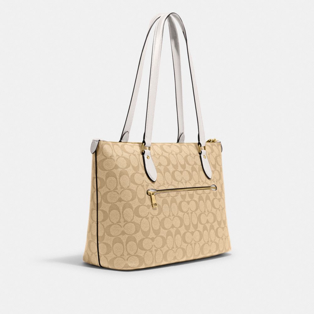COACH®,GALLERY TOTE BAG IN SIGNATURE CANVAS,Signature Canvas,Large,Everyday,Gold/Light Khaki Chalk,Angle View