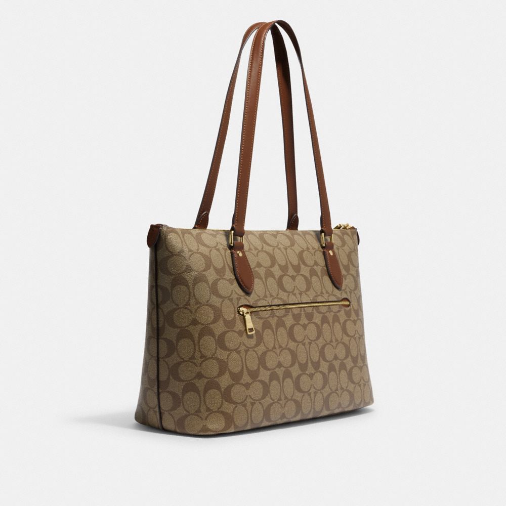 COACH®,GALLERY TOTE BAG IN SIGNATURE CANVAS,Signature Canvas,Everyday,Gold/Khaki Saddle 2,Angle View