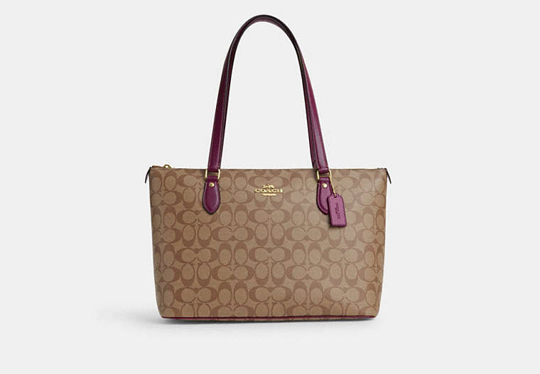 COACH®,GALLERY TOTE BAG IN SIGNATURE CANVAS,pvc,Large,Everyday,Gold/Khaki/Deep Berry,Front View