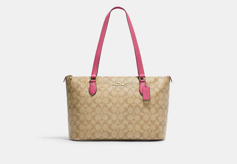 COACH®,GALLERY TOTE IN SIGNATURE CANVAS,pvc,Large,Everyday,Im/Light Khaki/Petunia,Front View