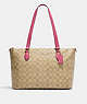 COACH®,GALLERY TOTE BAG IN SIGNATURE CANVAS,pvc,Large,Everyday,Im/Light Khaki/Petunia,Front View