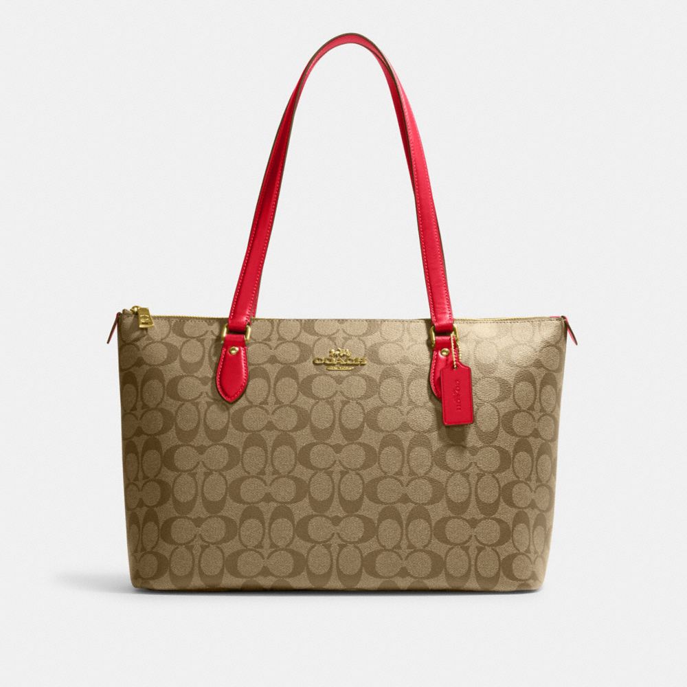 COACH®,GALLERY TOTE BAG IN SIGNATURE CANVAS,Signature Canvas,Everyday,Im/Khaki/Electric Red,Front View