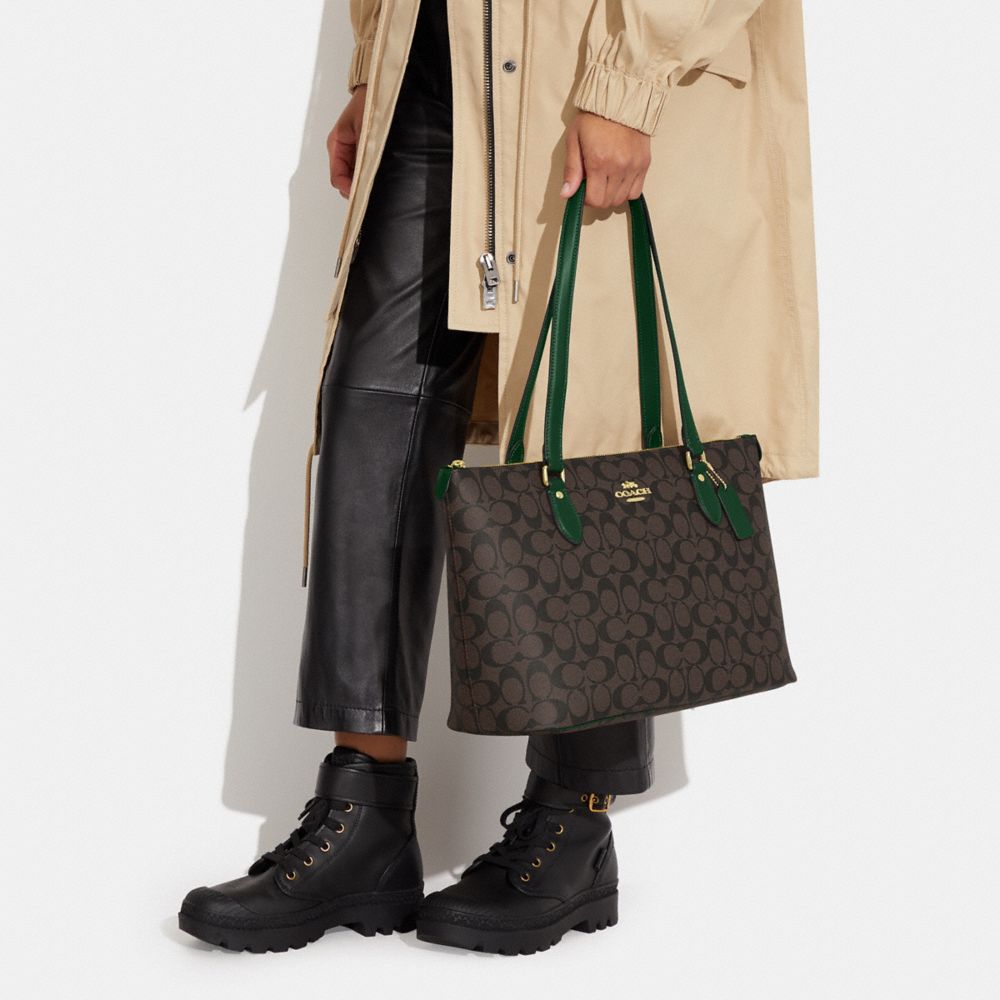 COACH®,Gallery Tote Bag In Signature Canvas,Canvas,Leather,Tote,PVC,Logo,Gold Metal,Work,Multi Color,Detail View