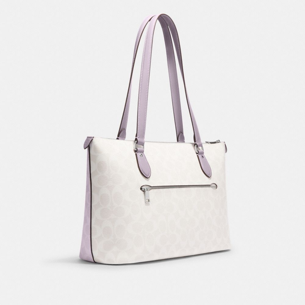 COACH®,GALLERY TOTE BAG IN SIGNATURE CANVAS,Signature Canvas,Everyday,Silver/Chalk/Mist,Angle View