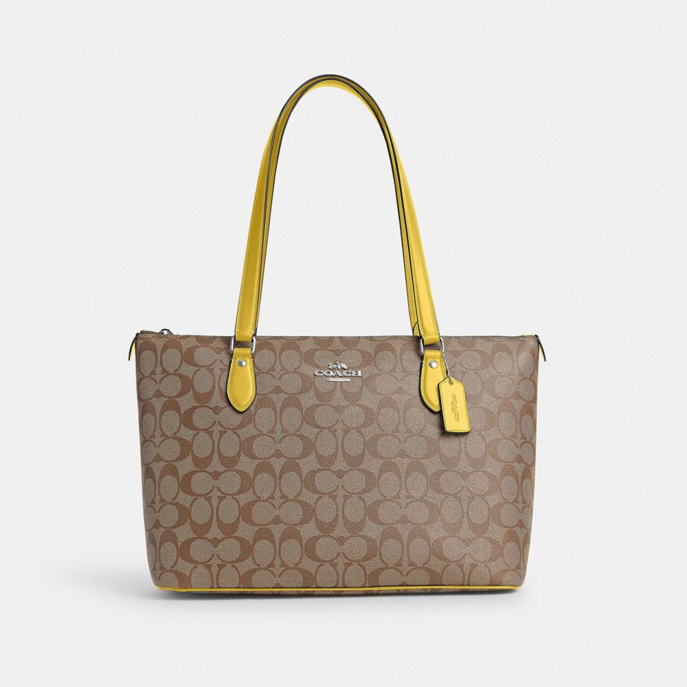 COACH®,GALLERY TOTE BAG IN SIGNATURE CANVAS,Signature Canvas,Everyday,Silver/Khaki/Retro Yellow,Front View
