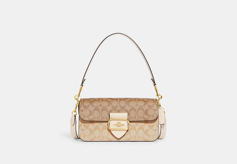 COACH®,MORGAN SHOULDER BAG IN BLOCKED SIGNATURE CANVAS,Anniversary,Gold/Light Khaki Multi,Front View image number 0