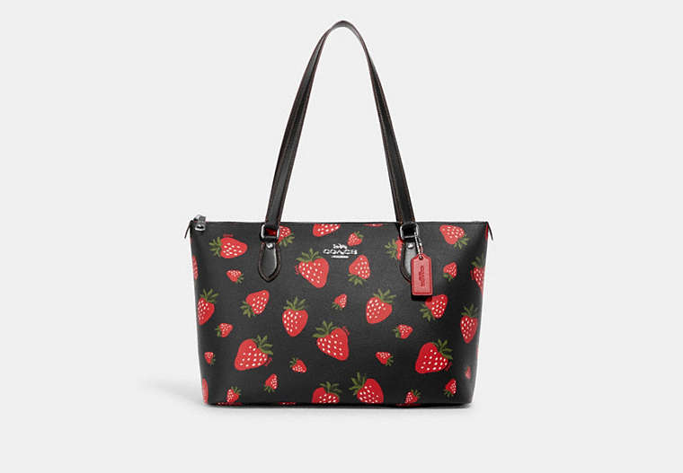 COACH®,GALLERY TOTE WITH WILD STRAWBERRY PRINT,X-Large,Silver/Black Multi,Front View