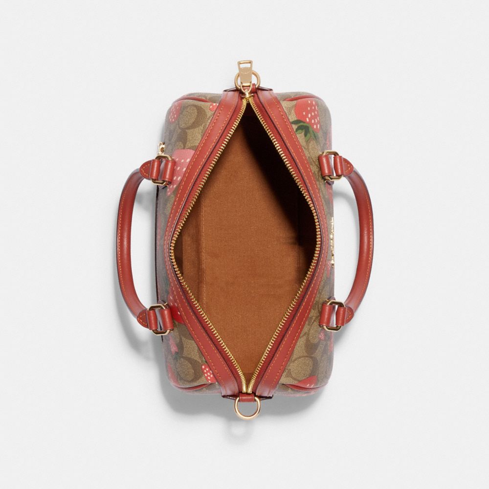 COACH®,SATCHEL ROWAN EN TOILE SIGNATURE À IMPRIMÉ FRAISES SAUVAGES,Tissu en toile exclusif,Or/Kaki Multi,Inside View,Top View