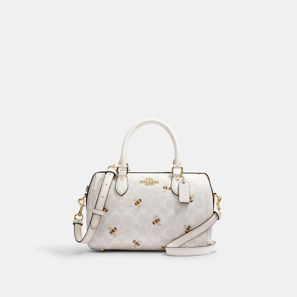 COACH®,ROWAN SATCHEL BAG IN SIGNATURE CANVAS WITH BEE PRINT,Medium,Gold/Chalk/Glacier White Multi,Front View