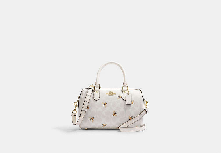 COACH®,ROWAN SATCHEL BAG IN SIGNATURE CANVAS WITH BEE PRINT,Medium,Gold/Chalk/Glacier White Multi,Front View