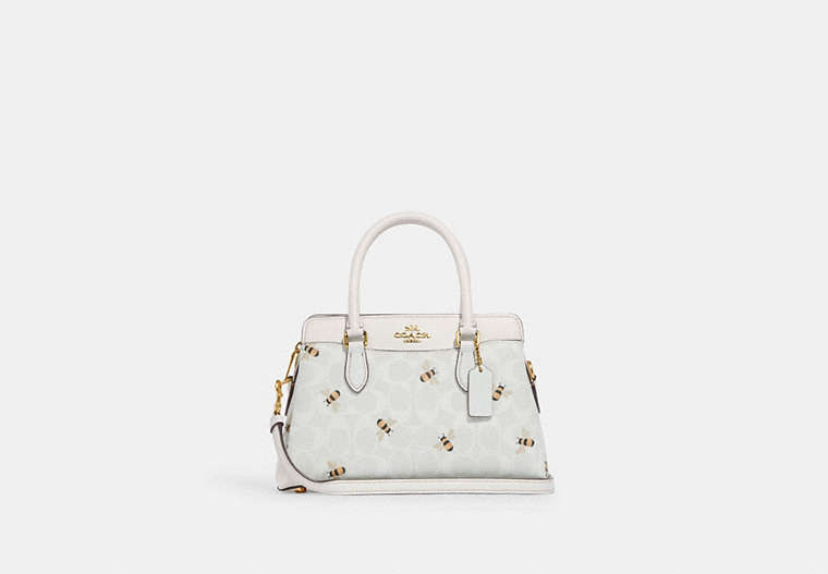 COACH®,MINI DARCIE CARRYALL BAG IN SIGNATURE CANVAS WITH BEE PRINT,Medium,Gold/Chalk/Glacier White Multi,Front View