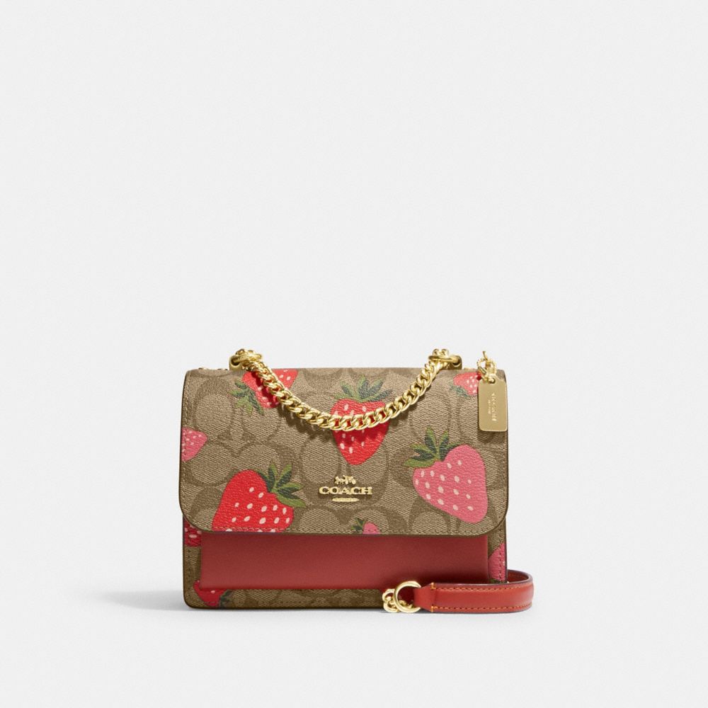 Coach Gold / Red Signature Canvas Mini Klare Strawberry Print Crossbody Bag