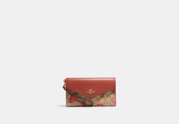 COACH®,TRAVEL ENVELOPE WALLET IN SIGNATURE CANVAS WITH WILD STRAWBERRY PRINT,Gold/Khaki Multi,Front View