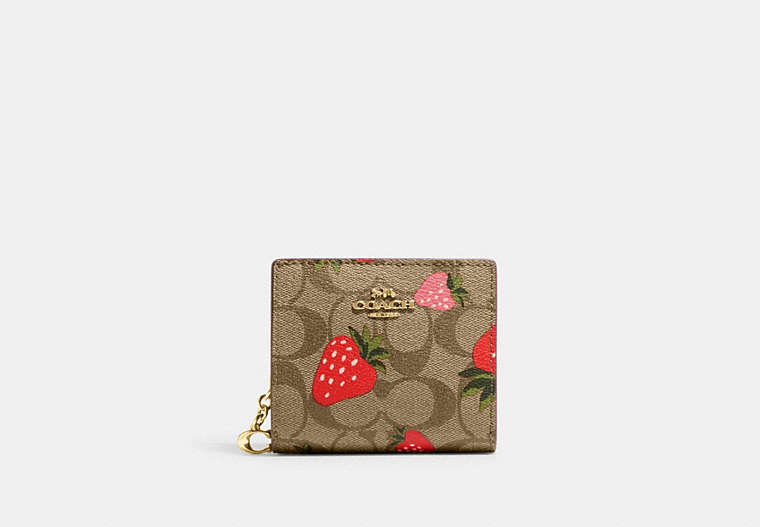 COACH®,SNAP WALLET IN SIGNATURE CANVAS WITH WILD STRAWBERRY PRINT,Mini,Gold/Khaki Multi,Front View