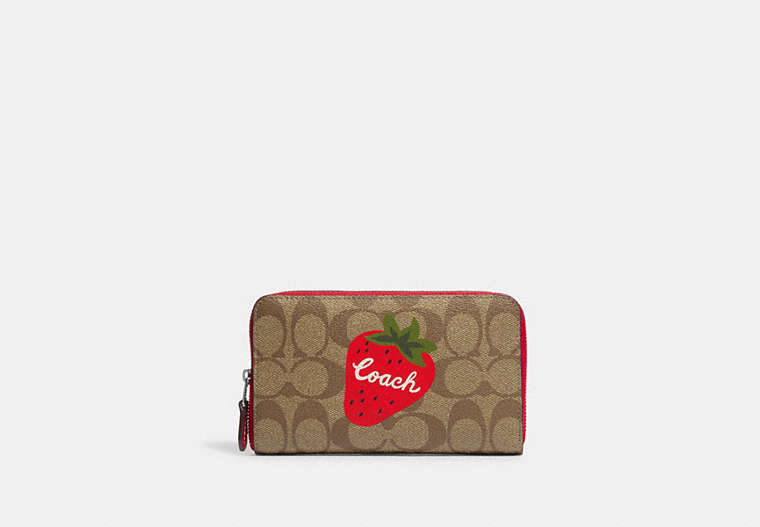 COACH®,MEDIUM ID ZIP WALLET IN SIGNATURE CANVAS WITH WILD STRAWBERRY,Mini,Silver/Khaki/Electric Red,Front View