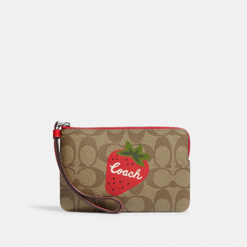 COACH®,CORNER ZIP WRISTLET IN SIGNATURE CANVAS WITH WILD STRAWBERRY,Mini,Silver/Khaki/Electric Red,Front View