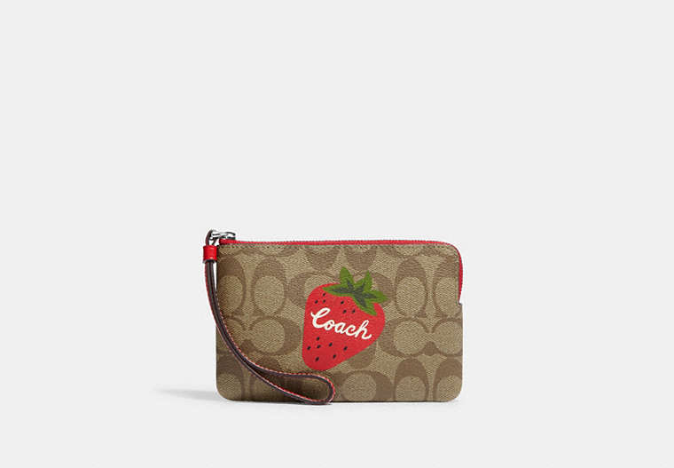 COACH®,CORNER ZIP WRISTLET IN SIGNATURE CANVAS WITH WILD STRAWBERRY,Mini,Silver/Khaki/Electric Red,Front View