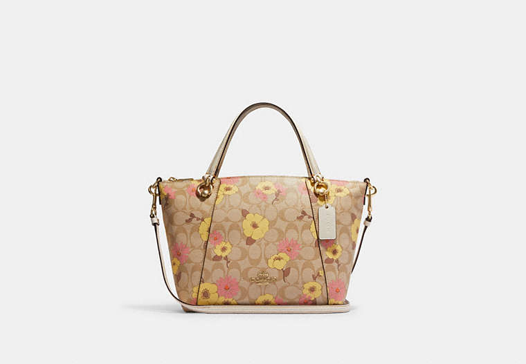 COACH®,KACEY SATCHEL BAG IN SIGNATURE CANVAS WITH FLORAL CLUSTER PRINT,Medium,Gold/Light Khaki Multi,Front View image number 0