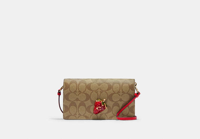 COACH®,ANNA FOLDOVER CLUTCH CROSSBODY IN SIGNATURE CANVAS WITH STRAWBERRY,Leather,Im/Khaki/Electric Red,Front View