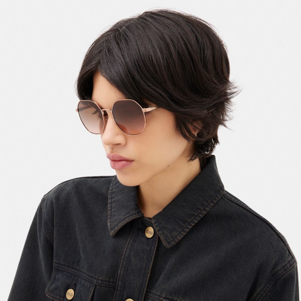 COACH®,Metal Hexagon Sunglasses,Hexagon,Logo,Word Embellishment,Adjustable Nose Pads,Casual,Brown,Angle View