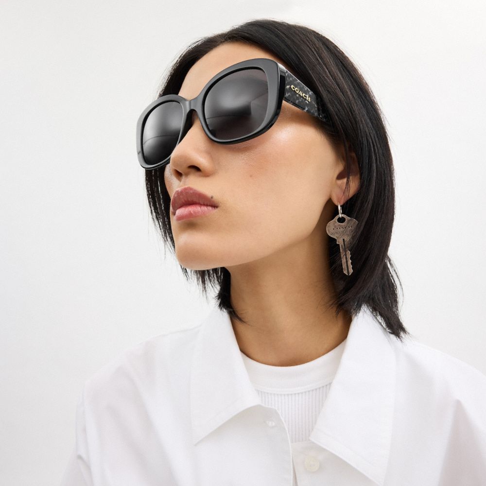 COACH®,SIGNATURE OVERSIZED SQUARE SUNGLASSES,Black /Black Signature,Angle View