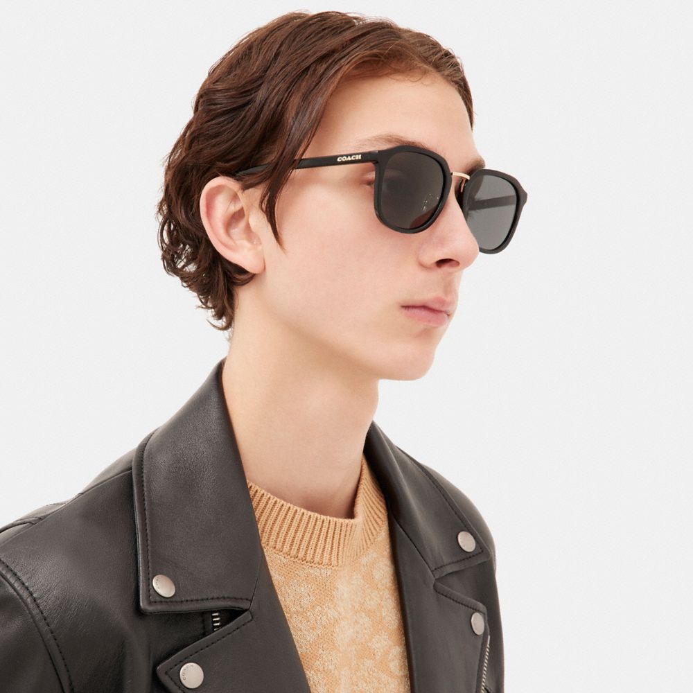 COACH®,ROUNDED GEOMETRIC SUNGLASSES,Black,Angle View
