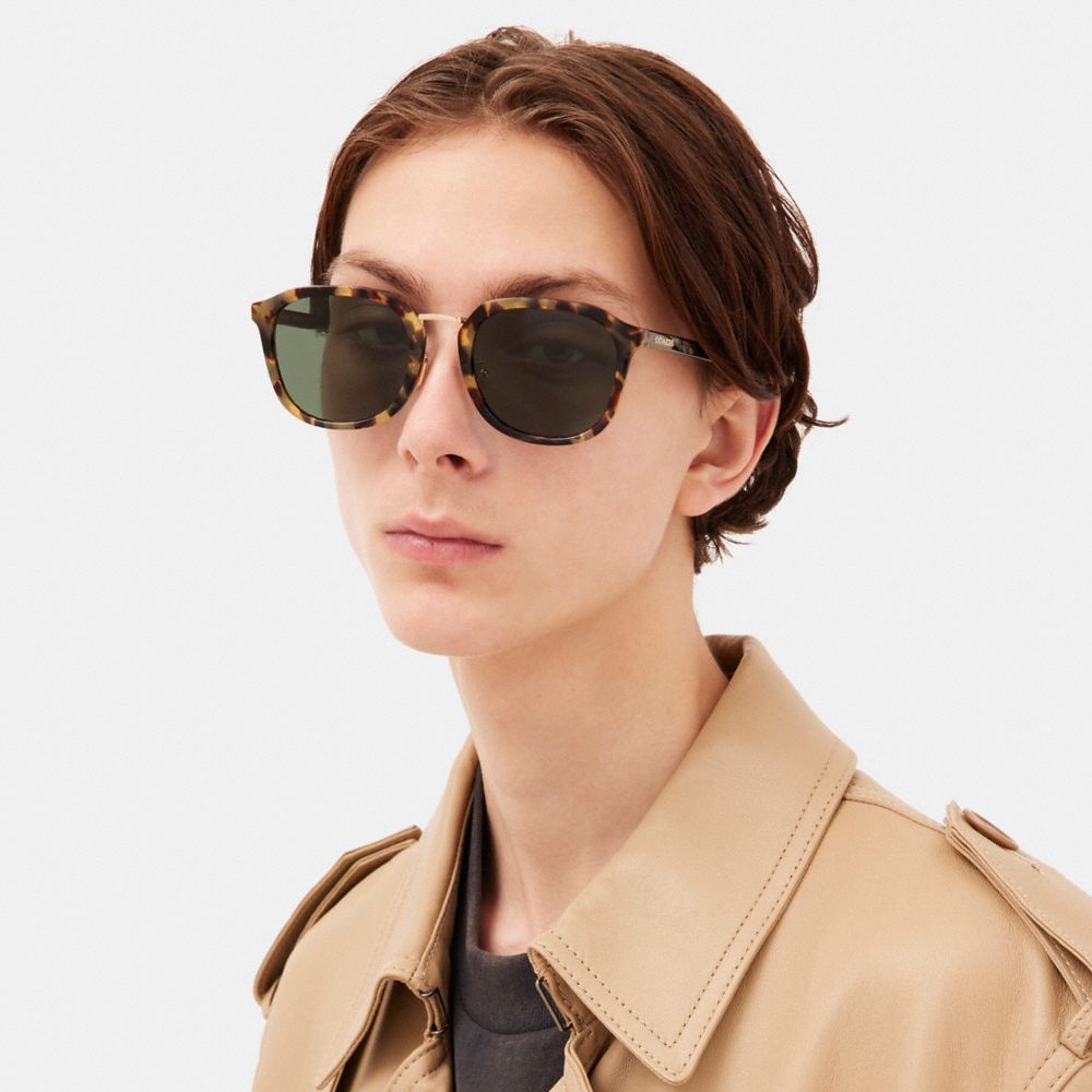 COACH®,ROUNDED GEOMETRIC SUNGLASSES,Green Tortoise,Angle View