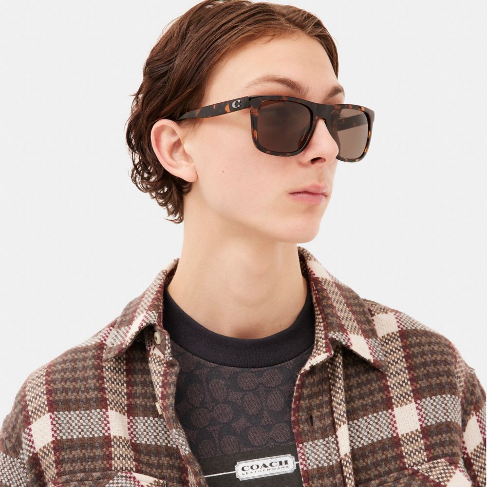 COACH®,BEVELED SIGNATURE FLAT TOP SQUARE SUNGLASSES,Dark Tortoise,Angle View